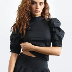 Most of All Black Puff Sleeve Mock Neck Flora Top